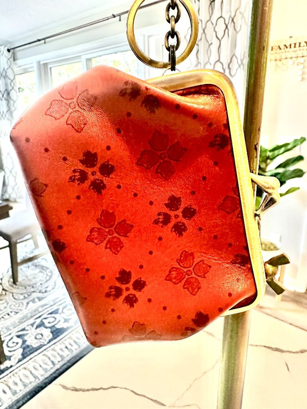 Patricia Nash Nutmeg Leather Fleur-de-Lis Kiss-Lock Coin Purse Key Ring